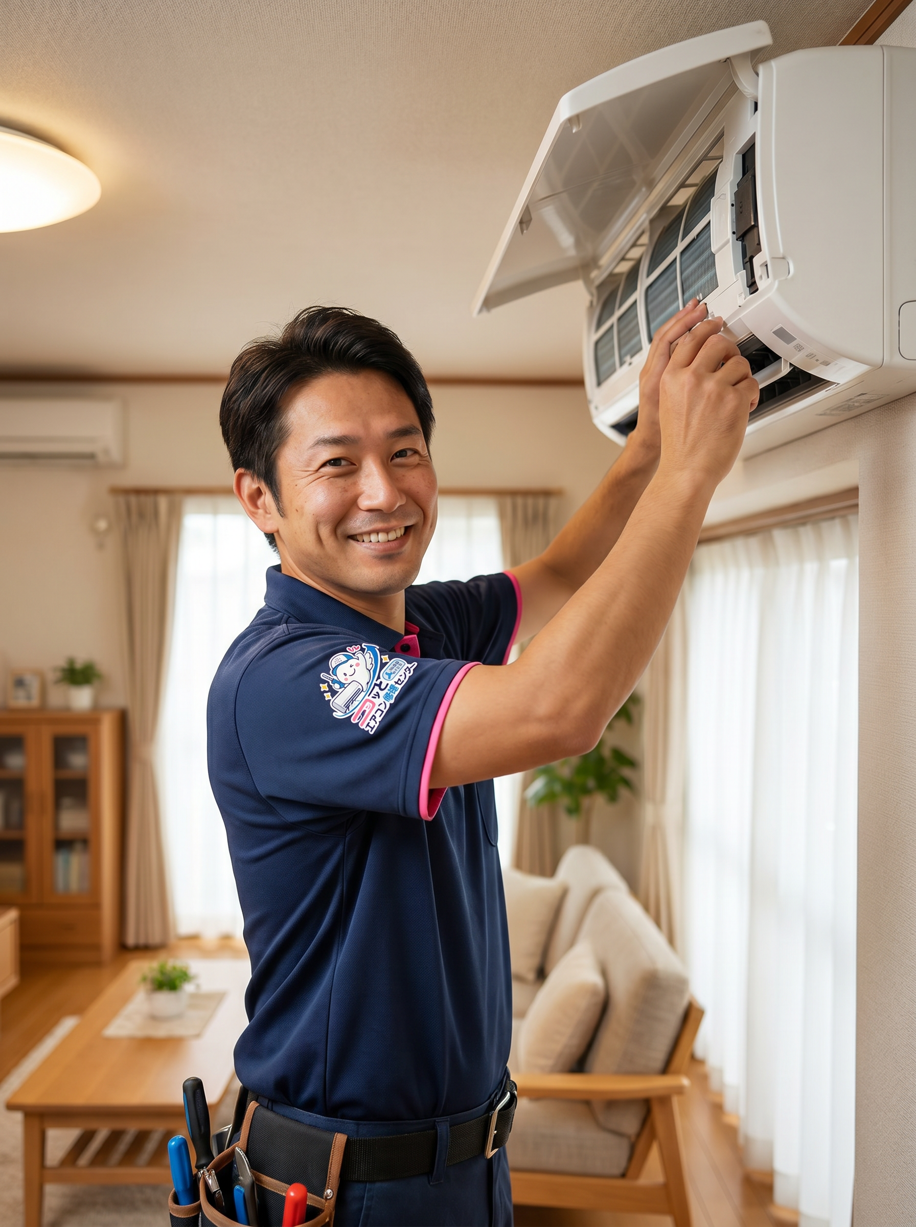 エアコン修理中の作業員